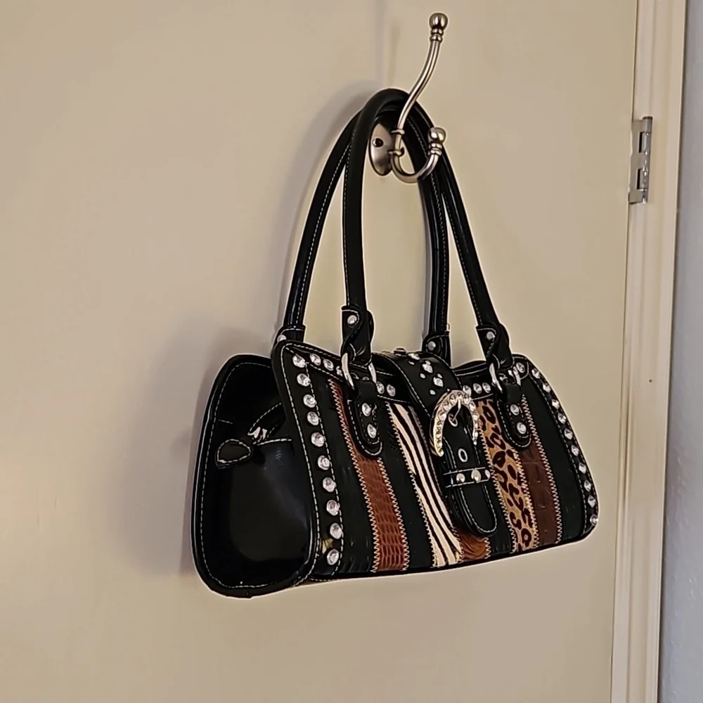 Vintage 1990s Mixed Animal Print Rhinestone Buckle Leather Baguette Satchel Bag